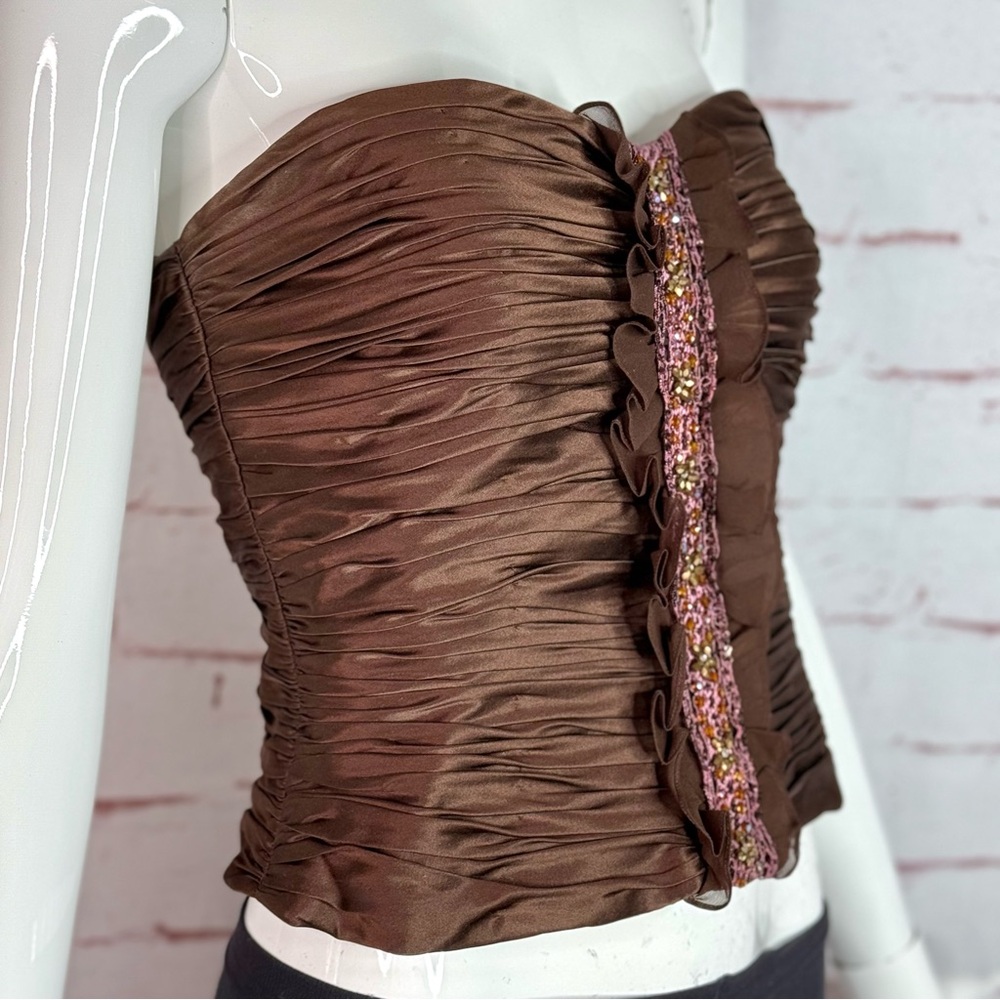 KAY UNGER Brown Ruched 100% Silk Bustier Corset Embellished Ruffle Size 4 - Picture 16 of 16
